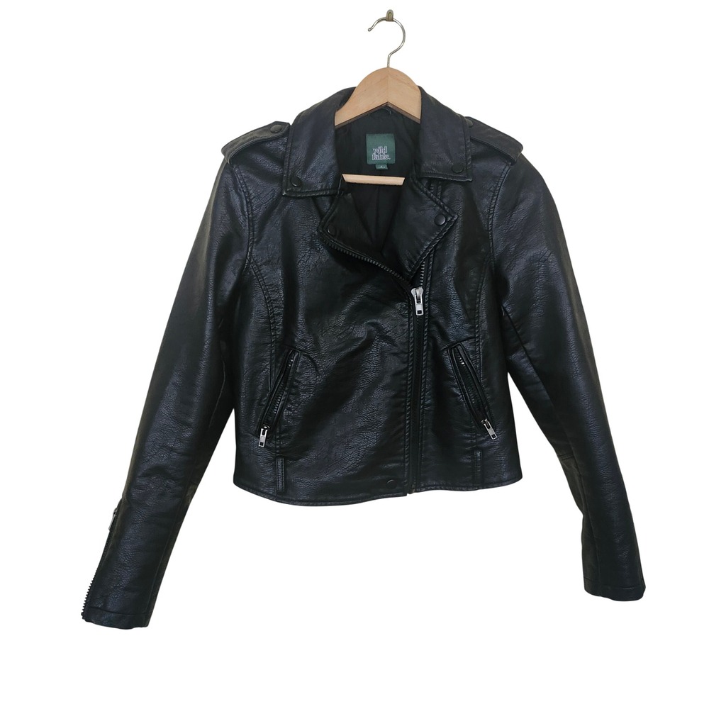 Wild Fable Moto Jacket Womens Small Black Faux Leather Asymmetric Zip Cropped